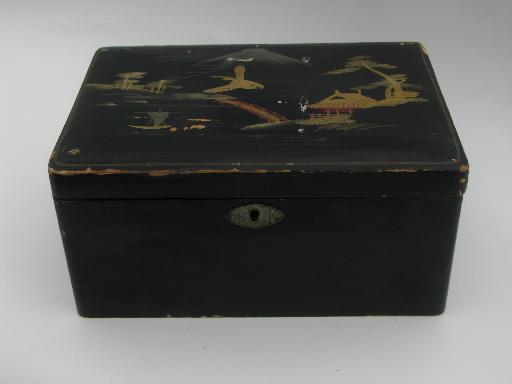 photo of antique lacquerware wood box and dominoes, old game pieces parts domino tiles #4