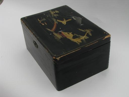 photo of antique lacquerware wood box and dominoes, old game pieces parts domino tiles #5