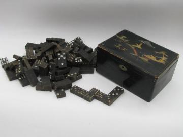 catalog photo of antique lacquerware wood box and dominoes, old game pieces parts domino tiles
