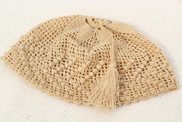 photo of antique ladies night cap or hair net cover, early 1900s vintage fez tasseled hat crochet cotton lace  #7