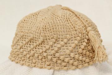 catalog photo of antique ladies night cap or hair net cover, early 1900s vintage fez tasseled hat crochet cotton lace 