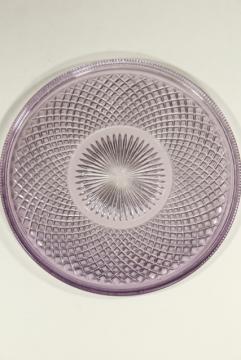 catalog photo of antique lavender glass cake plate or serving tray, English hobnail waffle block EAPG