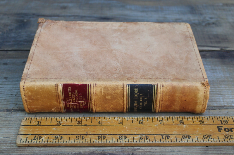 photo of antique leather bound book, soft worn pale tan cover vintage library decor, decorative riser display  #1