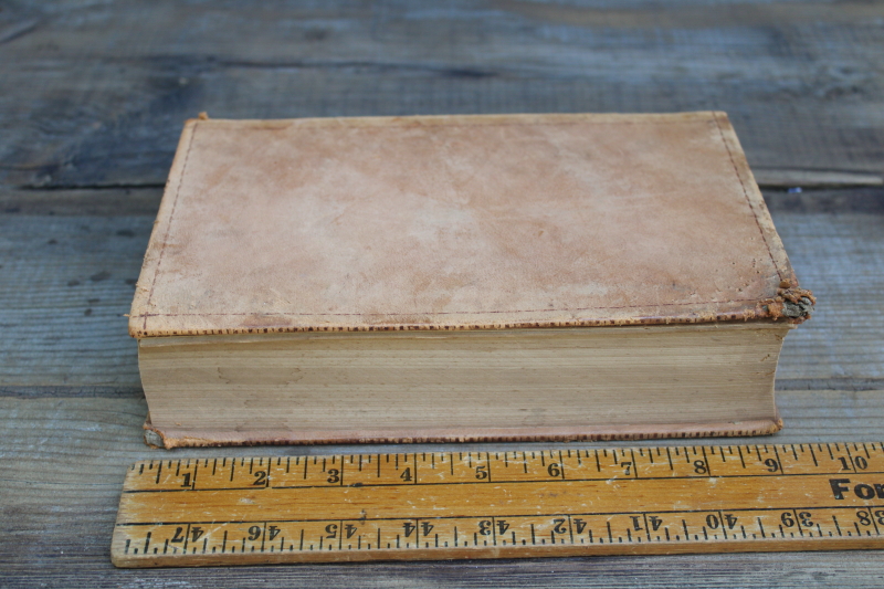photo of antique leather bound book, soft worn pale tan cover vintage library decor, decorative riser display  #2