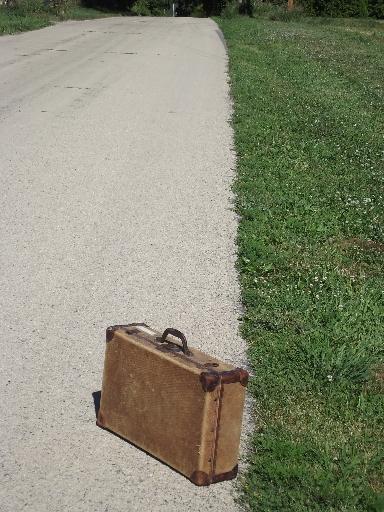 photo of antique leather trimmed luggage, hemp or jute fabric suitcase dated 1904 #1