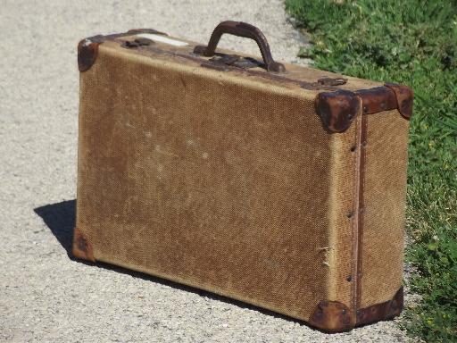 photo of antique leather trimmed luggage, hemp or jute fabric suitcase dated 1904 #3