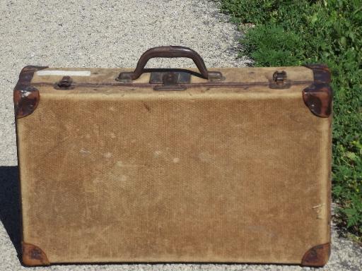 photo of antique leather trimmed luggage, hemp or jute fabric suitcase dated 1904 #4