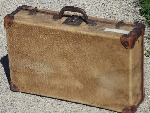 photo of antique leather trimmed luggage, hemp or jute fabric suitcase dated 1904 #5