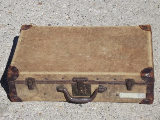 photo of antique leather trimmed luggage, hemp or jute fabric suitcase dated 1904 #7