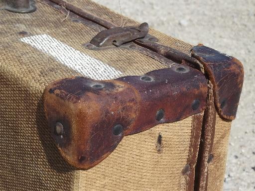 photo of antique leather trimmed luggage, hemp or jute fabric suitcase dated 1904 #9