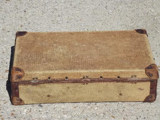 photo of antique leather trimmed luggage, hemp or jute fabric suitcase dated 1904 #10