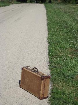 catalog photo of antique leather trimmed luggage, hemp or jute fabric suitcase dated 1904