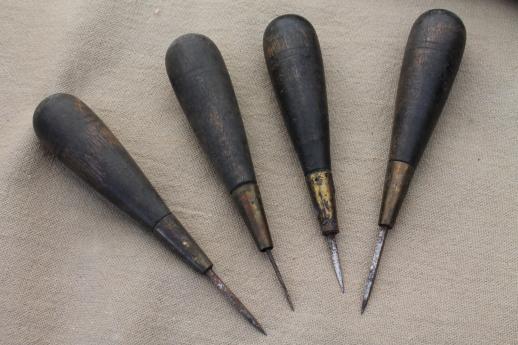 photo of antique leatherworking kit, shoemaker's cobbler leather tools in old tin tool box #2