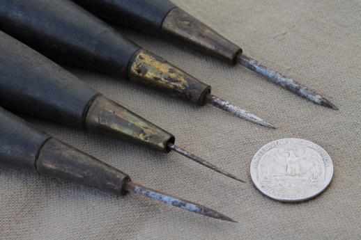 photo of antique leatherworking kit, shoemaker's cobbler leather tools in old tin tool box #3