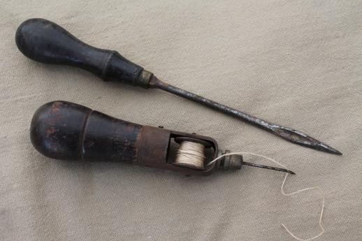 photo of antique leatherworking kit, shoemaker's cobbler leather tools in old tin tool box #4