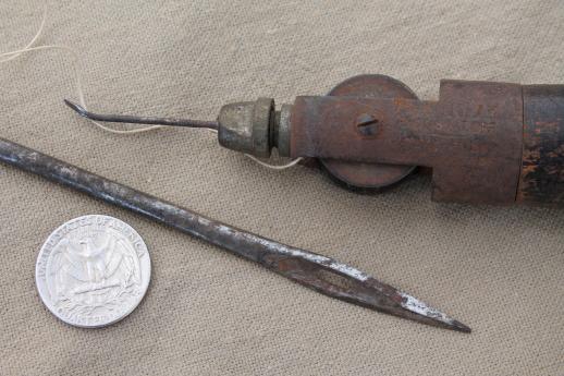 photo of antique leatherworking kit, shoemaker's cobbler leather tools in old tin tool box #5