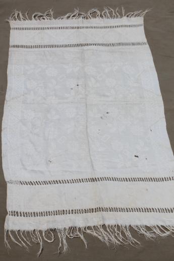 photo of antique linen damask cloth towel with elaborate drawn thread work, vintage farmhouse table runner #1