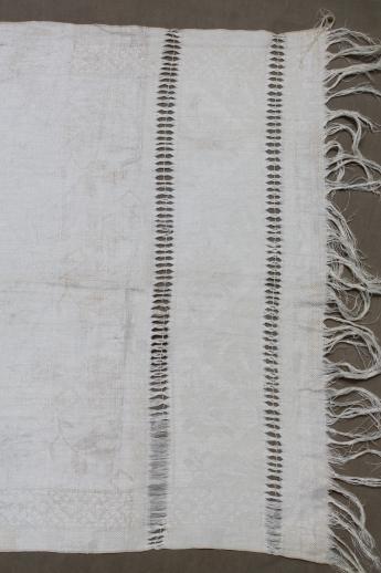 photo of antique linen damask cloth towel with elaborate drawn thread work, vintage farmhouse table runner #2