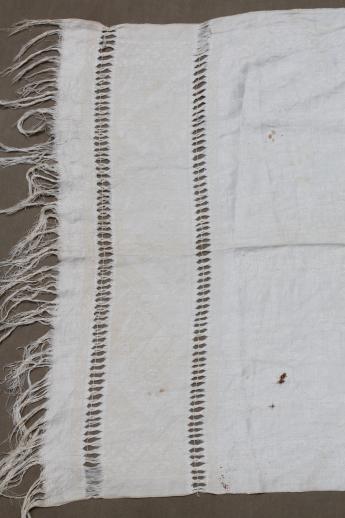 photo of antique linen damask cloth towel with elaborate drawn thread work, vintage farmhouse table runner #3