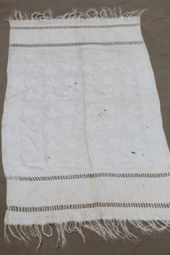 catalog photo of antique linen damask cloth towel with elaborate drawn thread work, vintage farmhouse table runner