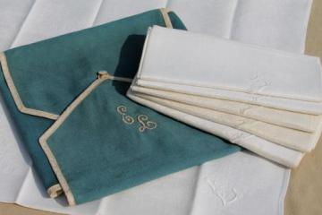 catalog photo of antique linen damask dinner napkins w/ whitework embroidered letter L monogram