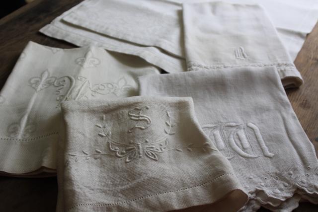 photo of antique linen huckaback & cotton huck cloth towels, whitework embroidered monograms #1