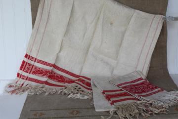 catalog photo of antique linen turkish towels circa 1890s, turkey red woven damask borders w/ fringe