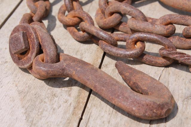 photo of antique logging chain w/ large hand forged iron ring farm tool for towing, skiding & stump pulling #2