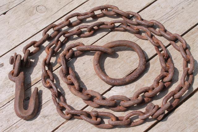 photo of antique logging chain w/ large hand forged iron ring farm tool for towing, skiding & stump pulling #3