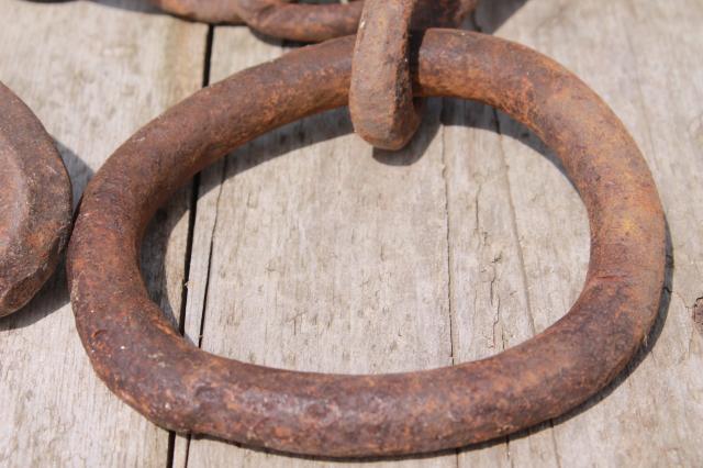 photo of antique logging chain w/ large hand forged iron ring farm tool for towing, skiding & stump pulling #5