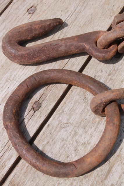 photo of antique logging chain w/ large hand forged iron ring farm tool for towing, skiding & stump pulling #6