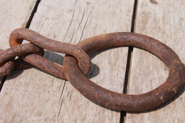 photo of antique logging chain w/ large hand forged iron ring farm tool for towing, skiding & stump pulling #9