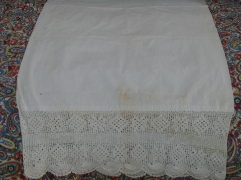 photo of antique long cotton pillow case, bolster cover w/ wide crochet lace #2