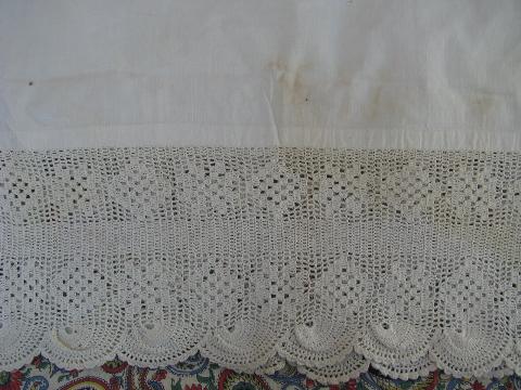 photo of antique long cotton pillow case, bolster cover w/ wide crochet lace #3
