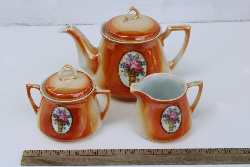 photo of antique lusterware china tea set, tea pot w/ creamer sugar bowl 1920s vintage German luster porcelain #2