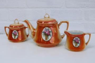 catalog photo of antique lusterware china tea set, tea pot w/ creamer sugar bowl 1920s vintage German luster porcelain
