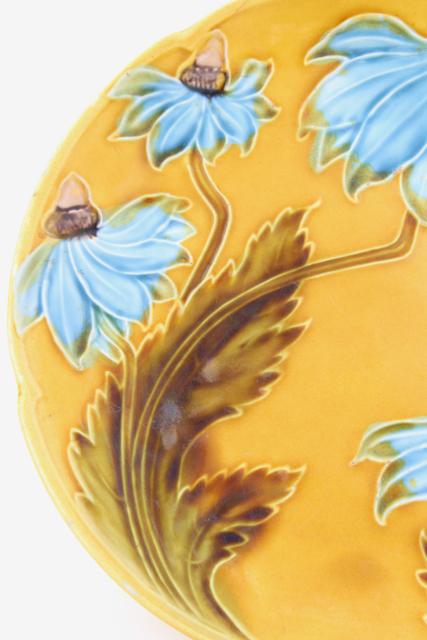 photo of antique majolica pottery plate, blue coneflower daisy on mustard yellow gold #2