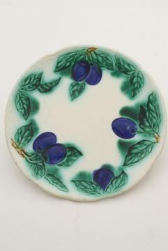 catalog photo of antique majolica pottery plate w/ blue plums, turn of the century vintage Germany mark