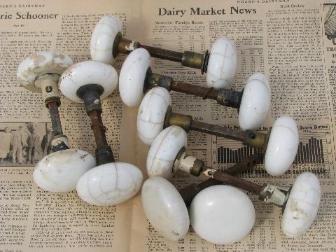 photo of antique marbled crackle white porcelain door knobs, vintage hardware #1