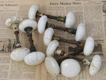 catalog photo of antique marbled crackle white porcelain door knobs, vintage hardware