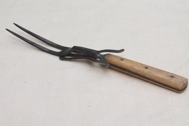 photo of antique meat fork w/ old bone handle, 1800s vintage game or roast carving fork #5