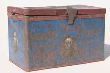 catalog photo of antique metal box tobacco tin, George Washington cut plug w/ old blue & red paint