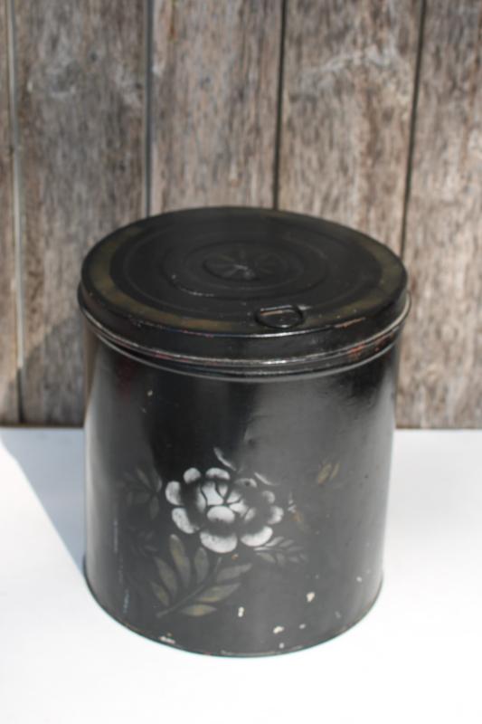 photo of antique metal canister tin w/ stencil flower on original black paint, vintage farmhouse #1