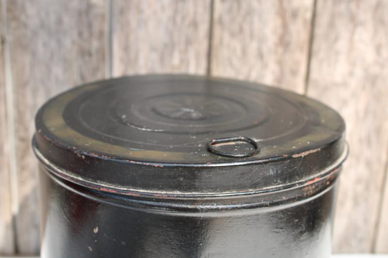 photo of antique metal canister tin w/ stencil flower on original black paint, vintage farmhouse #2