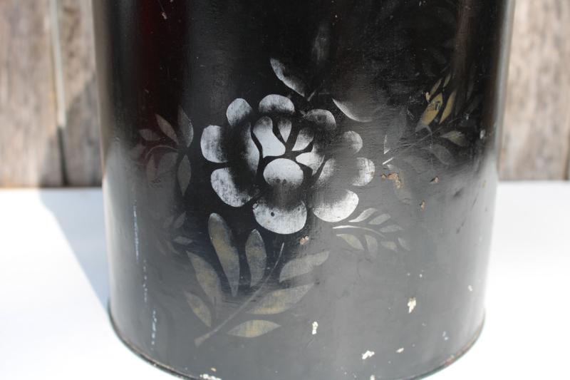 photo of antique metal canister tin w/ stencil flower on original black paint, vintage farmhouse #3