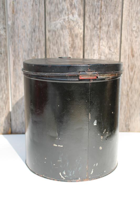 photo of antique metal canister tin w/ stencil flower on original black paint, vintage farmhouse #5