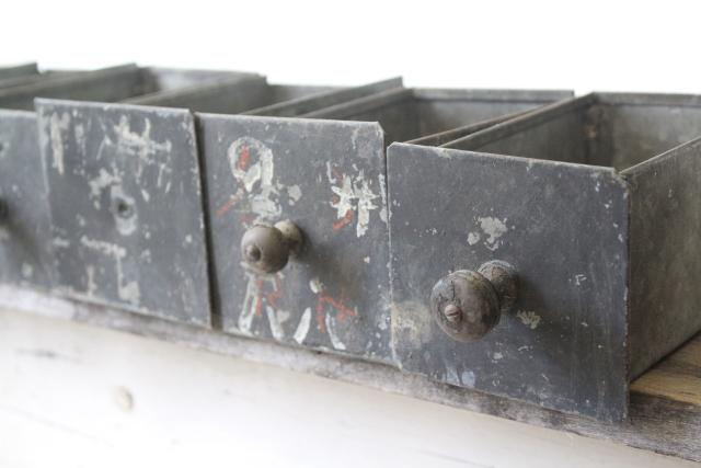 photo of antique metal junk drawers, vintage industrial parts storage cubbies for rustic upcycle #13