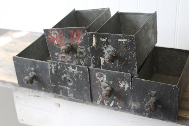 photo of antique metal junk drawers, vintage industrial parts storage cubbies for rustic upcycle #16