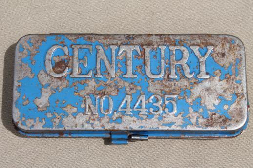 photo of antique metal tool box, Century tin w/ worn & distressed vintage blue paint #1