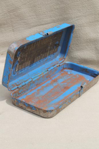 photo of antique metal tool box, Century tin w/ worn & distressed vintage blue paint #3